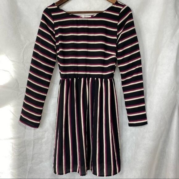 Everly Black Striped Long Sleeve Purple Off white Long sleeve Mini Dress Size S - Picture 10 of 10